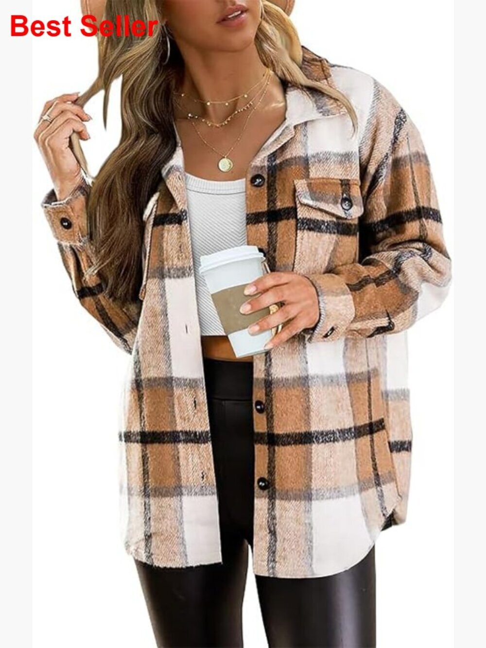 Womens Plaid Flannel Shacket Button Down Jacket Coat Loose Fit Soft